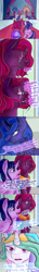 Size: 1000x7000 | Tagged: safe, artist:ericative, imported from derpibooru, fizzlepop berrytwist, princess celestia, princess luna, tempest shadow, twilight sparkle, alicorn, pony, unicorn, ask-fizzlepop, broken horn, canterlot, canterlot castle, clothes, comic, dialogue, dress, eye scar, glowing cutie mark, scar, throne, twilight sparkle (alicorn)