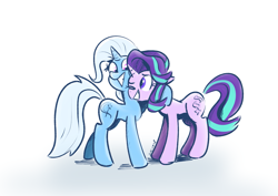 Size: 2479x1754 | Tagged: safe, artist:christheblue, imported from derpibooru, starlight glimmer, trixie, pony, unicorn, female, grin, hug, lesbian, mare, one eye closed, shipping, simple background, smiling, startrix, white background, wink