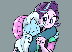 Size: 1349x980 | Tagged: safe, artist:christheblue, imported from derpibooru, starlight glimmer, trixie, equestria girls, accessory swap, beanie, clothes, clothes swap, cute, diatrixes, duo, eyes closed, female, glimmerbetes, gray background, hat, hug, lesbian, romance, shipping, simple background, smiling, startrix, toque