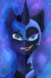 Size: 711x1100 | Tagged: safe, artist:tomocreations, imported from derpibooru, nightmare moon, princess luna, alicorn, pony, duality, split screen