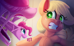 Size: 2000x1236 | Tagged: safe, artist:discorded, imported from derpibooru, applejack, pinkie pie, alien, earth pony, pony, xenomorph, alien (franchise), atg 2018, crossover, female, hi, mare, newbie artist training grounds, open mouth, scared