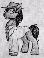 Size: 1598x2090 | Tagged: safe, artist:smirk, imported from derpibooru, oc, oc only, clothes, fedora, hat, monochrome, suit, traditional art