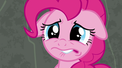 Size: 1280x720 | Tagged: safe, imported from derpibooru, screencap, pinkie pie, pony, rock solid friendship, faic, female, floppy ears, lip bite, sad, solo