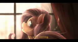 Size: 1359x746 | Tagged: dead source, safe, artist:ventious, imported from derpibooru, fluttershy, pony, bust, dialogue, female, lens flare, letterboxing, looking at you, looking back, mare, morning, offscreen character, solo, window