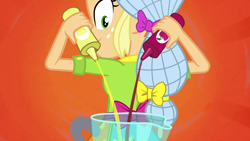 Size: 1280x720 | Tagged: safe, imported from derpibooru, screencap, applejack, eqg summertime shorts, equestria girls, shake things up!, blender (object), female, hair net, looking back, smoothie, solo, syrup