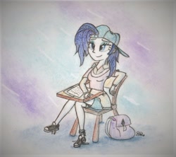 Size: 870x773 | Tagged: safe, artist:brogararts, imported from derpibooru, rarity, equestria girls, friendship university, backpack, backwards ballcap, baseball cap, cap, clothes, converse, crossed legs, cute, denim shorts, desk, equestria girls interpretation, female, hat, plainity, scene interpretation, shoes, shorts, smiling, socks, solo, traditional art, untied shoes