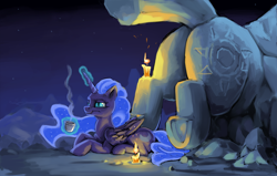 Size: 1024x650 | Tagged: safe, artist:da-exile, imported from derpibooru, nightmare moon, princess celestia, alicorn, pony, atg 2018, butt, candle, female, glowing horn, magic, mare, missing accessory, newbie artist training grounds, plot, solo, statue, sunbutt, telekinesis