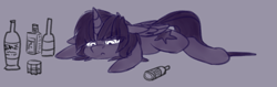 Size: 1297x411 | Tagged: safe, artist:duop-qoub, imported from derpibooru, twilight sparkle, alicorn, pony, descended twilight, :<, alcohol, bottle, female, floppy ears, glass, looking down, lying down, mare, sad, solo, twilight sparkle (alicorn)