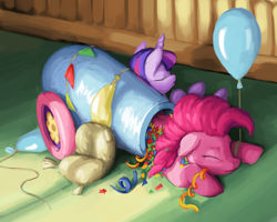 Size: 1500x1200 | Tagged: safe, artist:da-exile, imported from derpibooru, madame leflour, pinkie pie, twilight sparkle, balloon, confetti, female, floppy ears, newbie artist training grounds, party cannon, sleeping, streamers