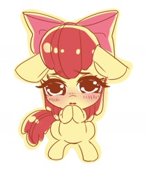 Size: 1454x1724 | Tagged: safe, artist:bbtasu, imported from derpibooru, apple bloom, pony, adorabloom, blushing, bow, cute, female, filly, floppy ears, simple background, solo, white background