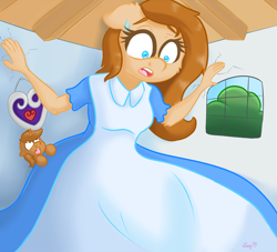 Size: 1000x909 | Tagged: safe, artist:luciusheart, imported from derpibooru, oc, oc:bagel, oc:coffee, anthro, pony, alice in wonderland, anthro with ponies, butt crush, cute, female, giant anthro, giantess, growth, macro