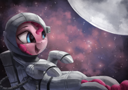 Size: 3600x2550 | Tagged: safe, artist:vanillaghosties, imported from derpibooru, pinkie pie, earth pony, pony, astronaut, astronaut pinkie, atg 2018, female, moon, newbie artist training grounds, open mouth, planet, solo, space, spacesuit, stars