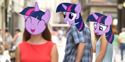 Size: 1135x567 | Tagged: safe, imported from derpibooru, twilight sparkle, human, distracted boyfriend meme, distraction, female, infidelity, lesbian, multeity, narcissism, self ponidox, selfcest, shipping, subverted meme, twitwi, twolight