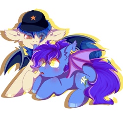 Size: 1003x1003 | Tagged: safe, artist:etoz, imported from derpibooru, oc, oc:evening lily, oc:moonshot, bat pony, baseball cap, bat pony oc, cap, ear bite, ear piercing, eveshot, gasp, hat, piercing