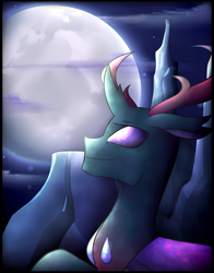 Size: 3300x4200 | Tagged: safe, artist:cosmicchrissy, imported from derpibooru, pharynx, changedling, changeling, full moon, looking up, male, moon, night, prince pharynx, smiling, solo, stars