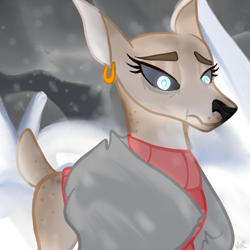 Size: 900x900 | Tagged: safe, artist:backstabbing scumbags, imported from derpibooru, oc, oc only, oc:lass nick, deer, base used, blizzard, clothes, concerned, deer oc, ear piercing, earring, jewelry, non-pony oc, piercing, snow, snowfall, solo, sweater