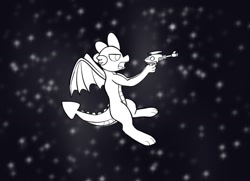 Size: 1298x941 | Tagged: safe, artist:neonhuo, imported from derpibooru, spike, dragon, atg 2018, male, monochrome, newbie artist training grounds, older, raygun, solo, space, winged spike, wings