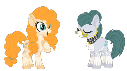 Size: 804x450 | Tagged: safe, artist:bezziie, imported from derpibooru, cloudy quartz, pear butter, earth pony, pony, alternate design, raised hoof, simple background, transparent background, unshorn fetlocks