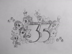 Size: 3264x2448 | Tagged: safe, artist:parappa376, imported from derpibooru, applejack, fluttershy, pinkie pie, rainbow dash, rarity, spike, twilight sparkle, alicorn, 35th anniversary, elements of harmony, estin83, mane seven, mane six, traditional art, twilight sparkle (alicorn)