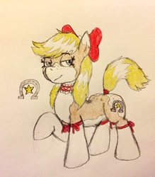 Size: 1792x2045 | Tagged: safe, artist:blueskies~, imported from derpibooru, oc, oc only, oc:hoedown(mlh), earth pony, pony, bedroom eyes, blonde hair, bow, butt, butt freckles, choker, clothes, cutie mark, female, freckles, horseshoes, my little harem, pattern, plot, socks, solo, the celestial harem, traditional art