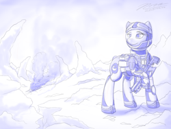 Size: 1024x768 | Tagged: safe, artist:novaintellus, imported from derpibooru, oc, oc only, earth pony, pony, astronaut, female, mare, monochrome, newbie artist training grounds, solo, spacesuit, weapon