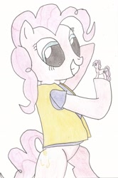 Size: 1592x2392 | Tagged: safe, artist:deluxeflame, imported from derpibooru, pinkie pie, pony, bipedal, clothes, female, figurine, holding, smiling, solo, toy, traditional art, vest, walmart