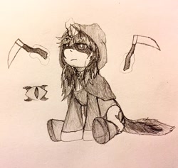 Size: 1822x1724 | Tagged: safe, artist:blueskies~, imported from derpibooru, oc, oc:grey scale(mlh), unicorn, emo, emotionless, goth, makeup, monochrome, my little harem, scythe, the celestial harem