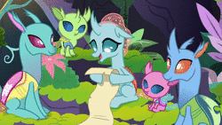 Size: 1920x1080 | Tagged: safe, imported from derpibooru, screencap, axilla, carapace (character), carapace (g4), lumbar, ocellus, spiracle, changedling, changeling, nymph, the hearth's warming club, animated, blinking, cute, cuteling, diaocelles, diving, eyes closed, fruit punch, hoof hold, jumping, laughing, lidded eyes, literal, open mouth, pun, punch, scroll, silly, sitting, smiling, sound, sweet dreams fuel, swimming, swimming pool, talking, visual pun, webm