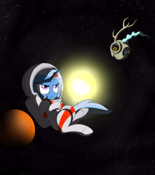 Size: 4961x5600 | Tagged: safe, artist:theravencriss, imported from derpibooru, discord, trixie, pony, unicorn, absurd resolution, astronaut, atg 2018, crossed hooves, newbie artist training grounds, parry gripp, personality core, portal (valve), portal 2, reference, space, space core, space unicorn, spacesuit