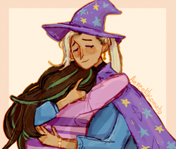 Size: 1305x1100 | Tagged: safe, artist:anyee-komato, imported from derpibooru, starlight glimmer, trixie, human, eyes closed, female, hug, humanized, lesbian, light skin, shipping, startrix