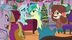 Size: 1920x1080 | Tagged: safe, imported from derpibooru, screencap, gallus, ocellus, sandbar, silverstream, smolder, yona, griffon, pony, yak, the hearth's warming club, christmas, christmas tree, couch, hearth's warming tree, holiday, student six, tree, unamused, yona is not amused