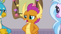 Size: 1920x1080 | Tagged: safe, imported from derpibooru, screencap, gallus, silverstream, smolder, the hearth's warming club, hand on hip, hands on hip, solo focus