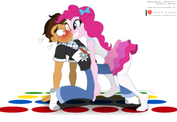 Size: 3976x2739 | Tagged: safe, artist:niban-destikim, imported from derpibooru, pinkie pie, oc, oc:copper plume, equestria girls, equestria girls series, blushing, bow, canon x oc, clothes, commission, commissioner:imperfectxiii, copperpie, cute, freckles, glasses, looking at each other, neckerchief, pantyhose, shirt, simple background, skirt, smiling, socks, transparent background, twister