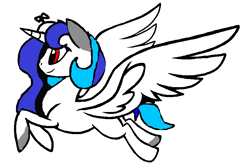 Size: 802x540 | Tagged: artist needed, safe, deleted from derpibooru, imported from derpibooru, oc, oc:treble clefé, alicorn, alicorn oc, flying, happy, simple background, solo, white background