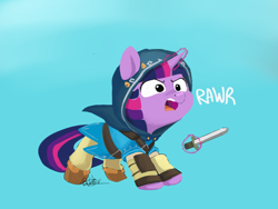 Size: 2838x2130 | Tagged: safe, artist:pucksterv, imported from derpibooru, twilight sparkle, pony, atg 2018, blue background, clothes, cute, female, glowing horn, magic, newbie artist training grounds, rawr, simple background, solo, sword, telekinesis, the legend of zelda, the legend of zelda: breath of the wild, twiabetes, weapon