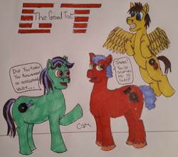 Size: 1374x1214 | Tagged: safe, artist:rapidsnap, imported from derpibooru, oc, oc only, earth pony, pegasus, pony, unicorn, crossover, grand tour, james may, jeremy clarkson, richard hammond, traditional art