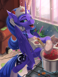 Size: 1200x1600 | Tagged: safe, artist:discordthege, imported from derpibooru, princess luna, alicorn, pony, apron, borscht, clothes, cooking, fangs, female, food, hoof hold, kitchen, mare, oven mitts, phone, solo, soup, soviet, stalliongrad, stove, telephone, wing hold