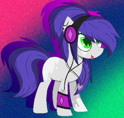 Size: 435x414 | Tagged: safe, artist:space--paws0w0, imported from derpibooru, oc, oc only, oc:roadwork track, earth pony, pony, armband, coat marking, coat markings, ear piercing, earring, female, gradient background, headphones, ipod, jewelry, mare, necklace, piercing, socks (coat marking), socks (coat markings), solo, tongue out