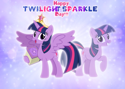 Size: 3457x2452 | Tagged: safe, artist:andoanimalia, imported from derpibooru, twilight sparkle, alicorn, pony, unicorn, big crown thingy, element of magic, female, open mouth, raised hoof, regalia, self paradox, solo, twilight day, twilight sparkle (alicorn), twilight sparkle day, unicorn twilight, wallpaper