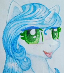 Size: 1428x1631 | Tagged: safe, artist:gleamydreams, derpibooru exclusive, imported from derpibooru, oc, oc only, oc:gleamy, pony, unicorn, blue hair, blushing, cute, freckles, green eyes, looking at you, smiling, solo, traditional art