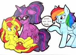 Size: 3082x2227 | Tagged: safe, artist:crystal2riolu, imported from derpibooru, rainbow dash, sci-twi, sunset shimmer, twilight sparkle, alicorn, pony, unicorn, equestria girls ponified, female, human pony dash, lesbian, ponified, scitwilicorn, scitwishimmer, shipping, simple background, sunsetsparkle, traditional art, twilight sparkle (alicorn)