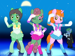Size: 2000x1500 | Tagged: safe, artist:phallen1, imported from derpibooru, oc, oc only, oc:maya northwind, oc:sadie michaels, oc:software patch, oc:windcatcher, ..., atg 2018, blushing, clothes, cosplay, costume, glasses, jewelry, newbie artist training grounds, ponified oc, pose, sailor moon, sailor uniform, tiara, tuxedo mask