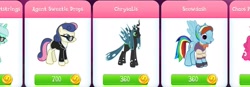 Size: 1629x566 | Tagged: safe, imported from derpibooru, bon bon, lyra heartstrings, pinkie pie, queen chrysalis, rainbow dash, snowdash, sweetie drops, changeling, changeling queen, earth pony, pegasus, pony, clothes, female, gameloft, mare, secret agent sweetie drops, suit, sunglasses