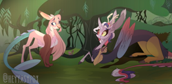 Size: 3232x1576 | Tagged: safe, artist:iheyyasyfox, imported from derpibooru, oc, oc only, oc:ophelia, oc:sofia, draconequus, hybrid, female, interdimensional siblings, interspecies offspring, offspring, parent:discord, parent:fluttershy, parent:twilight sparkle, parents:discolight, parents:discoshy, sisters