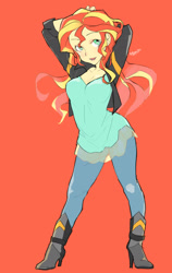 Size: 1200x1900 | Tagged: safe, artist:ku_rimo, artist:藻の生えた栗, imported from derpibooru, sunset shimmer, equestria girls, arms in the air, boots, breasts, busty sunset shimmer, cleavage, clothes, female, high heel boots, jacket, jeans, leather, leather boots, leather jacket, open mouth, open smile, orange background, pants, sexy, shirt, shoes, simple background, smiling, solo
