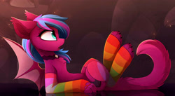 Size: 3446x1885 | Tagged: safe, artist:magnaluna, imported from derpibooru, oc, oc only, oc:spanking shade, sphinx, clothes, paws, rainbow socks, socks, solo, sphinx oc, sphinx-bat, striped socks, zoom layer