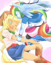 Size: 1025x1279 | Tagged: safe, artist:ku_rimo, artist:kurimo, imported from derpibooru, applejack, rainbow dash, equestria girls, appledash, boots, clothes, compression shorts, cowboy hat, denim skirt, female, hat, lesbian, one eye closed, ponied up, shipping, shoes, shorts, simple background, skirt, stetson, wink