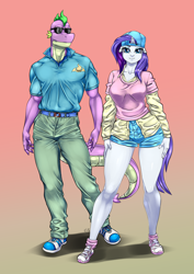 Size: 900x1270 | Tagged: safe, artist:pia-sama, imported from derpibooru, rarity, spike, anthro, plantigrade anthro, friendship university, clothes, female, male, older, older spike, plainity, shipping, sparity, straight