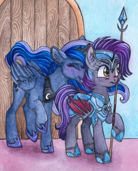 Size: 679x841 | Tagged: safe, artist:red-watercolor, imported from derpibooru, princess luna, oc, oc:dawn sentry, alicorn, bat pony, armor, bat wings, blushing, clothes, door, female, guardluna, guardsmare, horn, lesbian, mare, nuzzling, royal guard, shipping, slippers, spear, watercolor painting, weapon, wings