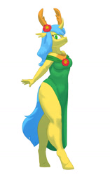 Size: 650x1034 | Tagged: safe, artist:carnifex, imported from derpibooru, oc, oc only, oc:evergreen, anthro, changedling, changeling, unguligrade anthro, anthro oc, changedling oc, changeling oc, clothes, commission, digital art, dress, female, mare, simple background, smiling, solo, white background